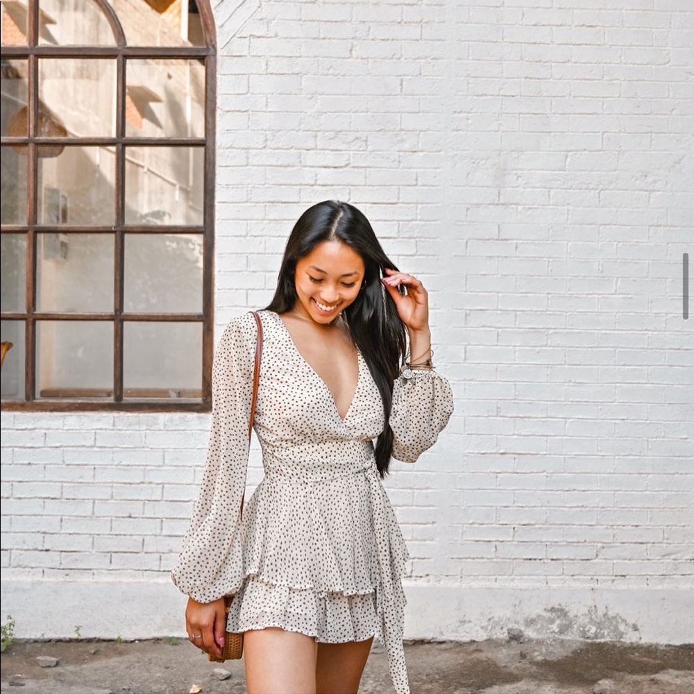 Showpo long sleeve cream and brown polka dot ruffle romper
